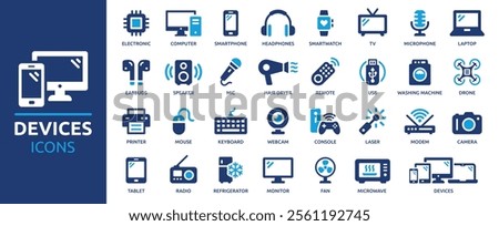 Devices icon set. Containing smartphone, tablet, computer, TV, camera, speaker, smartwatch, microphone, headphones and more. Solid vector icons collection.