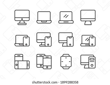Devices icon set. Contains such Icons as computer, laptop, smartphone. Line style design. Vector graphic illustration. Suitable for website design, app, template, ui