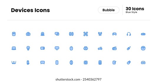 Devices icon set. device, technology, phone, computer, web, smartphone, internet, laptop, business, electronic. Vector blue icon illustration