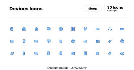 Devices icon set. device, technology, phone, computer, web, smartphone, internet, laptop, business, electronic. Vector blue icon illustration