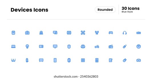 Devices icon set. device, technology, phone, computer, web, smartphone, internet, laptop, business, electronic. Vector blue icon illustration