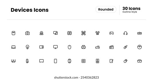 Devices icon set. device, technology, phone, computer, web, smartphone, internet, laptop, business, electronic. Vector outline icon illustration