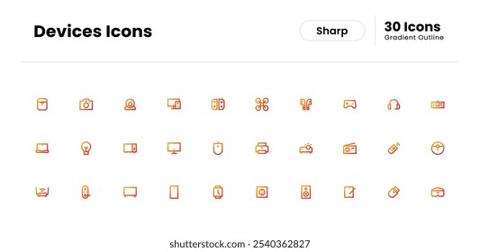 Devices icon set. device, technology, phone, computer, web, smartphone, internet, laptop, business, electronic. Vector gradient outline icon illustration