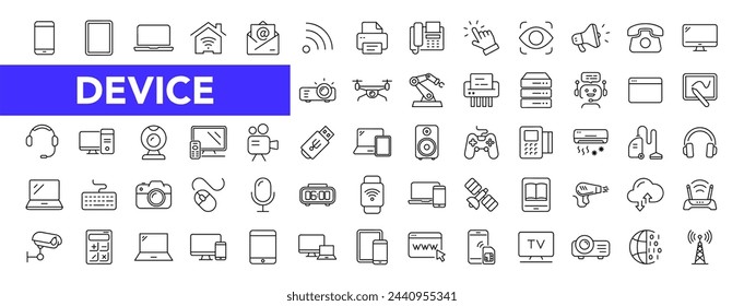 Conjunto de iconos de dispositivos con trazo editable. Dispositivos electrónicos y gadgets de línea fina colección de iconos. Ilustración de vector