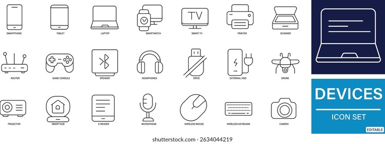 Dispositivos Ícone Definir Gadgets Eletrônicos, Dispositivos Inteligentes e Símbolos Tecnológicos