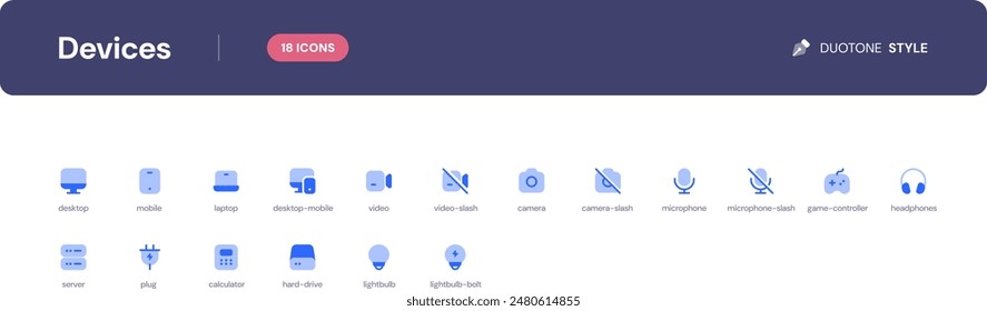 Devices icon set. Essential UI Icons Set in Duotone Style. The set consists of essential and commonly-used icons that every UI designer needs.