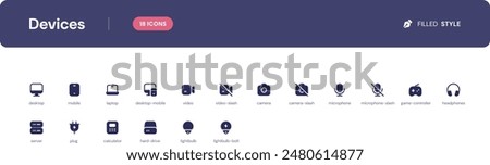 Devices icon set. Essential UI Icons Set in Filled Style. The set consists of essential and commonly-used icons that every UI designer needs.
