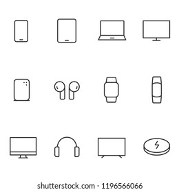 Devices icon set. Gadgets, linear icons. Smartphone, wireless headphones, speaker, smart bracelet,
charging station, etc. Line with editable stroke