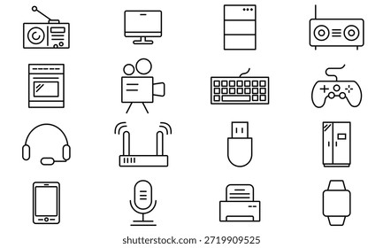 Conjunto de iconos de dispositivos. Icono del esquema del dispositivo, de la tecnología, del monitor del ordenador, del smartphone, de los dispositivos electrónicos y de los aparatos, de la tableta, de la cámara, del altavoz, del reloj inteligente, del ordenador portátil, del dron y más. Ilustración vectorial.
