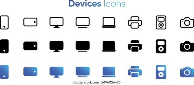 Devices icon set of phone, pc, tablet, laptop, computer, printer, music player, camera, DSLR, ipod, smart, smartphone, smart phone.