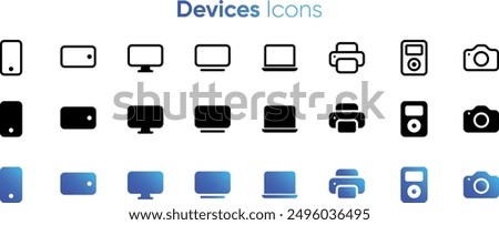 Devices icon set of phone, pc, tablet, laptop, computer, printer, music player, camera, DSLR, ipod, smart, smartphone, smart phone.