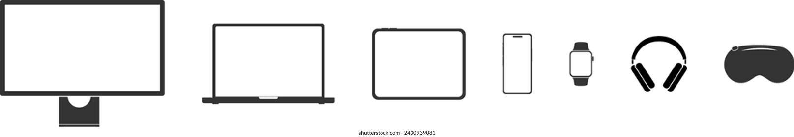 devices icon set: smart phone, tablet, laptop and desktop computer, smartwatch, headphones and virtual reality headset