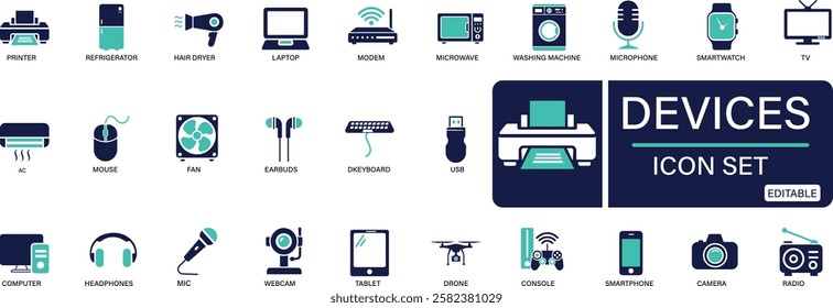 Devices icon set smartphone, tablet, computer, TV, camera, speaker, smartwatch, microphone, headphones You can easily change the color.