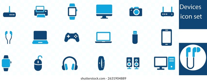 Conjunto de ícones de dispositivos. smartphone, tablet, computador, TV, câmera, alto-falante, smartwatch, microfone, fones de ouvido e muito mais