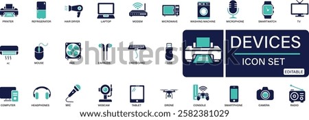 Devices icon set smartphone, tablet, computer, TV, camera, speaker, smartwatch, microphone, headphones You can easily change the color.