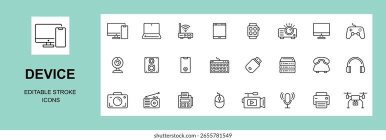 Geräte-Symbolsatz.  Technologie, Enthält Smartphone, Tablet, Computer, TV, Kamera, Lautsprecher, Smartwatch, Mikrofon, Kopfhörer, Drucker, Kamera. Laptop, Monitor, editierbarer Strich, Vektorgrafik
