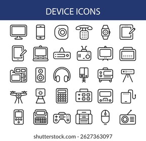 Devices Icon Set – TV, Smartphone, Smartwatch, Tablet, Computer, Camera, Radio.