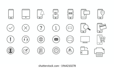 Devices Icon Set. Vector isolates black and white illustration. Mobile, phones, screens and devices set
