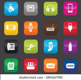 Devices icon set for web sites and user interface. Colored buttons on a dark background