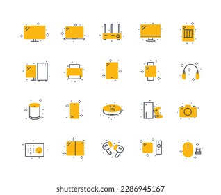 Conjunto de colores de iconos de dispositivos. Enrutador WiFi, TV y monitor. Auriculares, ratón, joystick y radio. Elementos gráficos para la tienda electrónica. Ilustraciones de vectores planos lineales aisladas en fondo blanco