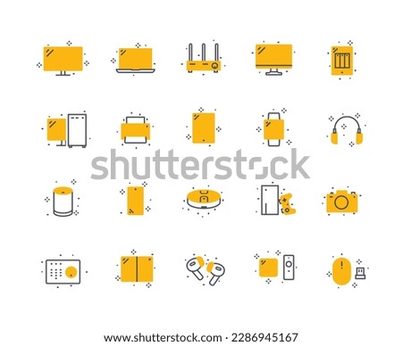 Devices icons color set. WiFi router, TV and monitor. Headphones, mouse, joystick and radio. Graphic elements for electronics store. Linear flat vector illustrations isolated on white background