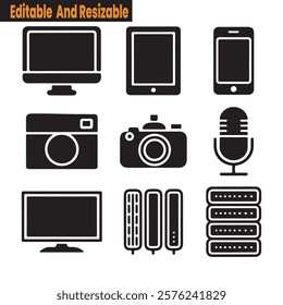 Devices icons group computer tablet phone camera microphone server black symbols