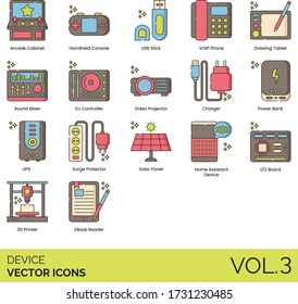 Devices icons including arcade cabinet, handheld console, usb stick, voip phone, drawing tablet, sound mixer, dj controller, video projector, charger, power bank, ups, surge protector, solar panel.