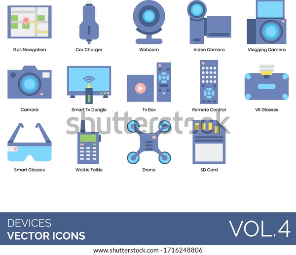 Devices icons including gps\
navigation, car charger, webcam, video camera, vlogging, smart\
dongle, tv box, remote control, vr glasses, walkie talkie, drone,\
SD card.