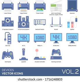 Devices icons including laser printer, inkjet, color, all in one, scanner, speakers, surround system, network switch, router, splitter, USB hub, 4k TV, 1080p, monitor, gamepad, joystick, controller.