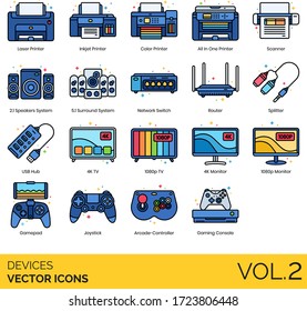 Devices icons including laser printer, inkjet, color, all in one, scanner, 21 speakers system, surround, network switch, router, splitter, USB hub, 4k TV, 1080p, gamepad, joystick, arcade controller.