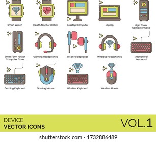 Devices Icons Including Smart Watch, Health Monitor, Desktop, Laptop, High Tower Computer Case, Small Form Factor, Gaming Headphone, In Ear, Wireless, Mechanical Keyboard, Mouse.