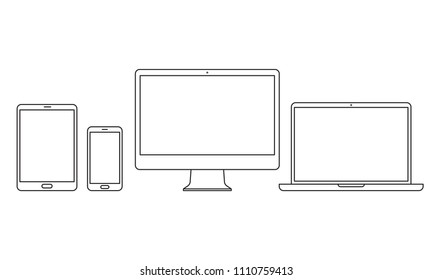 Devices icons for responsive design. Vector electronic appliances line set of mobile phone or smartphone, computer laptop or tab pad