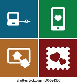 devices icons set. Set of 4 devices filled icons such as laptop connection, heart mobile, photo with heart