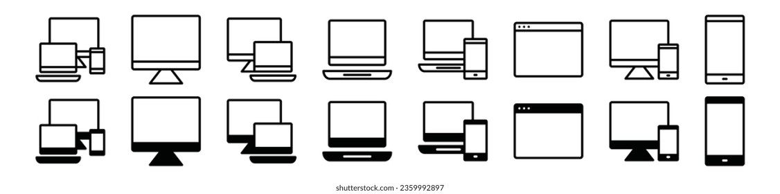Los iconos de los dispositivos se configuran. Colección de iconos web del dispositivo. Smartphone, monitor de ordenador, portátil, símbolo del icono de tablet en color. Ilustración del vector