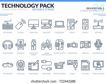 Devices Icons Set. Editable Stroke. Technology outline icons pack. Pixel perfect thin line vector icons for web design and website application.