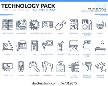 Devices Icons Set. Editable Stroke. Technology outline icons pack. Pixel perfect thin line vector icons for web design and website application.