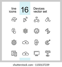 Devices icons. Set of  line icons. Networking, cloud storage, wireless charger. Modern technology and applications concept. Vector illustration can be used for topics like internet, innovation
