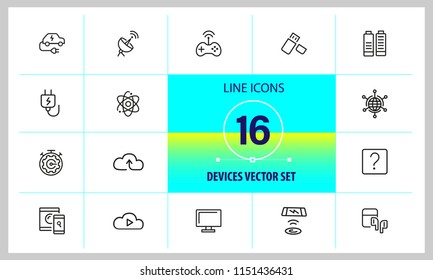 Devices icons. Set of  line icons. Networking, cloud storage, wireless charger. Modern technology and applications concept. Vector illustration can be used for topics like internet, innovation