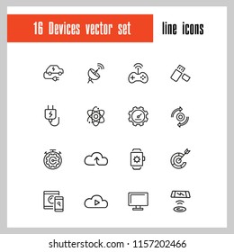 Devices icons. Set of  line icons. Networking, cloud storage, wireless charger. Modern technology and applications concept. Vector illustration can be used for topics like internet, innovation