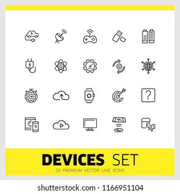 Devices icons. Set of  line icons. Networking, cloud storage, wireless charger. Modern technology and applications concept. Vector illustration can be used for topics like internet, innovation