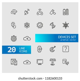 Devices icons. Set of  line icons. Networking, cloud storage, wireless charger. Modern technology and applications concept. Vector illustration can be used for topics like internet, innovation