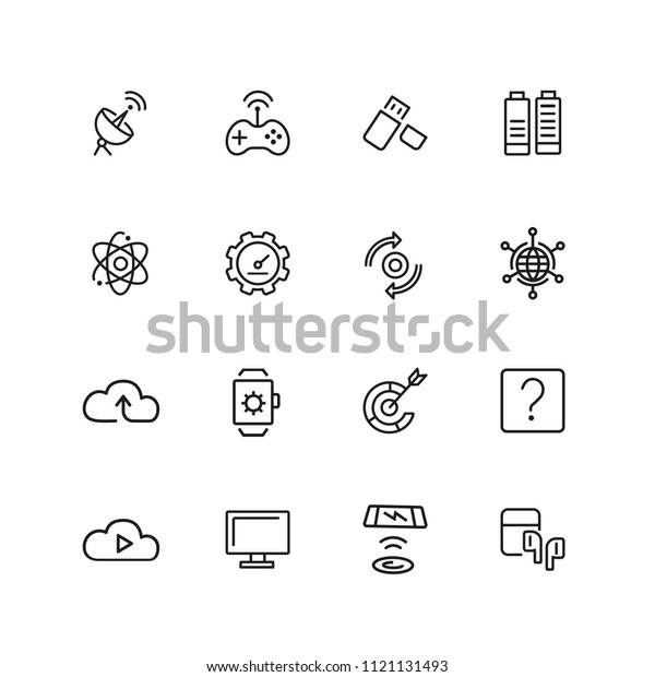 Devices icons. Set of  line icons. Networking,\
cloud storage, wireless charger. Modern technology and applications\
concept. Vector illustration can be used for topics like internet,\
innovation