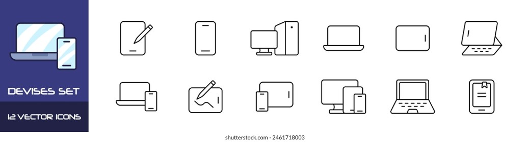 Iconos de dispositivos establecidos. Estilo lineal. Iconos vectoriales