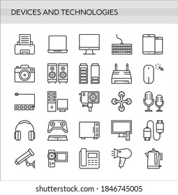 Devices icons set in thin line style isolated on white background. Modern digital technology icons collection