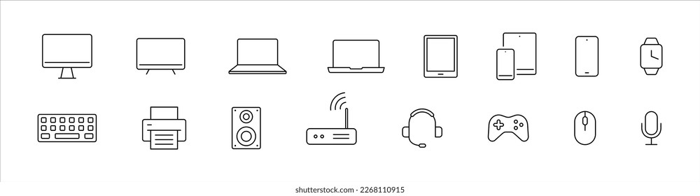 Devices icons. Devices technology icons collection. Computer, laptop, phone, tablet screen. Technology web icons collection.EPS 10