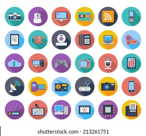 Devices icons, whit long shadow. Vector illustration.