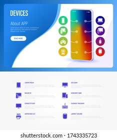 Devices infographics: smartphone, tablet, laptop, pc monoblock, game pc, gamepad, monitor, mouse, keyboard, webcam, printer, smart watch, smart speaker. Thin line icons. Vector illustration.