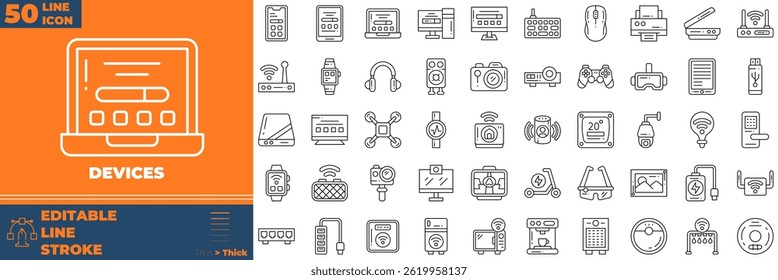 Linha de Dispositivos Ícones editáveis definidos. Ilustração vetorial no estilo de linha fina moderna de ícones de dispositivos: dispositivo, tv, computador, etc