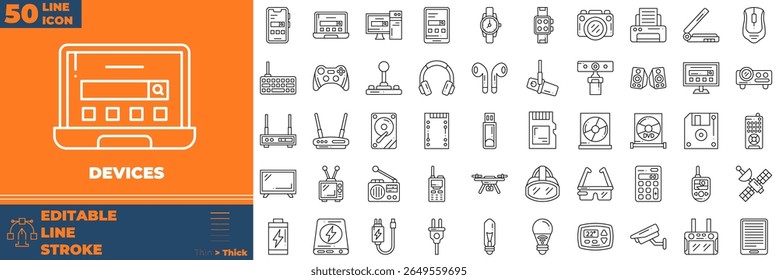 Linha de Dispositivos Ícones editáveis definidos. Ilustração vetorial no estilo de linha fina moderna de ícones de dispositivos: smartphone, tablet, computador, etc