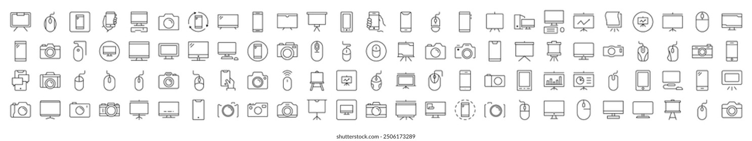 Devices Line Icon Bundle. Modern Collection for Design, Web Sites, Apps, Cards. Contains Linear Images of Phone, Photo Camera, Computer Mouse and PC